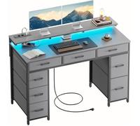 HLONONE Bureau avec 8 Tiroirs en Tissu, 120 × 50 cm Bureau Gaming LED avec Prises & Ports USB, Bureau Gamer, Gris