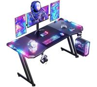 HLONONE Bureau Gaming LED, 160 x 60cm Grande Bureau Gamer avec Tapis de Souris, Porte-gobelet et Crochet pour Casque, Noir