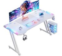 HLONONE Bureau Gaming LED, 160 x 60cm Grande Bureau Gamer avec Tapis de Souris, Porte-gobelet et Crochet pour Casque, Blanc