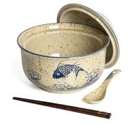 HLWDXno1 Bol à ramen en céramique de style japonais rétro avec baguettes et cuillères - Passe au micro-ondes et au lave-vaisselle - 800 ml - Poisson japonais