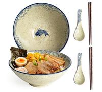 HLWDXno1 Lot de 2 bols à nouilles en céramique avec baguettes et cuillères de 1200 ml - Style japonais rétro - Vaisselle au micro-ondes - Coffret cadeau pour salade, pho, pâtes, udon, poisson