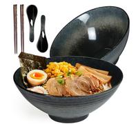 HLWDXno1 Lot de 2 bols à ramen en céramique avec baguettes et cuillères de style japonais rétro en porcelaine, 1200 ml, passent au micro-ondes et au lave-vaisselle, noir
