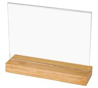 HMF 46943 Présentoir de table en acrylique avec pied en bois | Porte-affiche DIN A5 format horizontal | Présentoir de buffet apéritif transparent