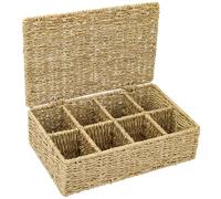 HMF Boîte à thé en jonc de mer avec 8 compartiments pour le rangement de sachets de thé, panier de rangement comme organiseur pour cuisine, salle de bain, espace de vie | 33 x 21 x 10 cm | Naturel