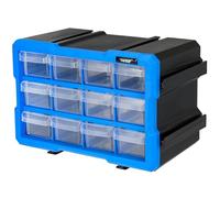 HMF Boîte de rangement pour petites pièces avec 12 tiroirs, mallette de rangement extensible pour vis et outils | 24 compartiments | 29,5 x 19,5 x 16 cm | bleu-noir