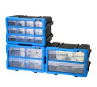 HMF Boîte de rangement pour petites pièces avec tiroirs, lot de 3, mallette de rangement extensible pour vis et outils | 36 compartiments | 29,5 x 19,5 x 16 cm | bleu-noir
