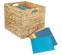 HMF Panier de Rangement pour Dossiers Suspendus A4, Panier Jacinthe d’Eau Compatible KALLAX avec Poignées | Incl. 8 Dossiers Suspendus | 33 x 38 x 32 cm | Naturel