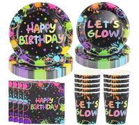 Hmfmdy Ensemble de Vaisselle Fluo pour Fête D'anniversaire, 50 Pièces, Décorations de Fête Colorées et Lumineuses, Avec Assiettes, Gobelets et Serviettes en Papier, pour - 10 Invités