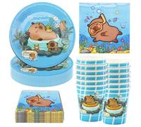 Hmfmdy Ensemble de Vaisselle pour Fête Animalière, 40 Pièces Décoration de Fête Capybara, Vaisselle D'anniversaire Avec Assiettes, Gobelets Serviettes Carton, Fournitures de table - 10 Invités