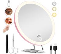 Hmggoofa Miroir grossissant x30 de 15,2 cm avec lumières, miroir grossissant x30 avec 3 ventouses et support de table réglable - Comprend une pince à épiler et des ciseaux