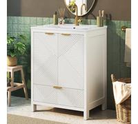 Hmluxury Armoire de salle de bain avec vasque en céramique, blanc | 61 cm debout, texture ondulée, charnières à fermeture douce, corps en MDF, avec protection anti-débordement, sans robinet