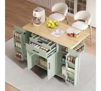 Hmluxury Chariot de cuisine 120 x 45 cm avec plan de travail extensible jusqu'à 70 cm, tiroir à couverts dissimulé, étagère à épices, étagères réglables, 5 roues, mobile