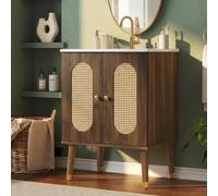 Hmluxury Meuble de salle de bain de 61 cm avec portes en rotin, lavabo en | Étagères fixes, protection anti-débordement, corps en MDF, pieds coniques en bois