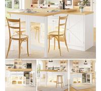 Hmluxury Table à manger extensible îlot de cuisine 120-194 cm, plateau rotatif à 360° avec portes en verre, tiroirs et étagères à collations, blanc/noir