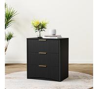Hmluxury Table de chevet avec 3 tiroirs, design rainuré, poignées en métal, guide silencieux, plateau étanche, noir