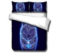 HNHDDZ Housse de Couette 3D Animal Loup, Parure de lit 2 Personne Galaxy Loup Flamme Bleu Noir Éclair Housse de Couette avec Fermeture à Glissière, pour Enfants Garçons (Loup 2, 180x210 cm)