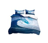 HNHDDZ Océan Thème 2 Personnes Ensemble de Literie Style Sportif 3D Surf Mer Planche de Surf Aventure Housse de Couette Bleu Blanc Crème Garçon Fille (Bleu 1, 220x240 cm)