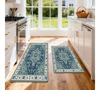 HNHDDZ Tapis Cuisine 2 Pièces, Médaillon Héritage Bleu Pétrole | Surface rembourrée et fond à points pour évier, cuisson ou passage