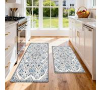 HNHDDZ Tapis Cuisine 2 Pièces, Ornement Persan Bleu Poudré | Surface rembourrée et fond à points pour évier, cuisson ou passage