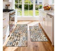 HNHDDZ Tapis Cuisine 2 Pièces, Patchwork Floral Bleu Gris | Surface rembourrée et fond à points pour évier, cuisson ou passage