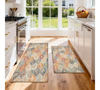 HNHDDZ Tapis de Cuisine 2 Pièces, Damassé Bleu Passé et Corail | Surface rembourrée et fond à points pour évier, cuisson ou passage
