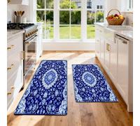 HNHDDZ Tapis de Cuisine 2 Pièces, Mandala Orné Bleu Royal | Surface rembourrée et fond à points pour évier, cuisson ou passage