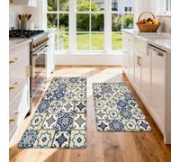 HNHDDZ Tapis de Cuisine Set 2 Pièces, Carreaux Décoratifs Bleu et Doré | Surface rembourrée et fond à points pour évier, cuisson ou passage