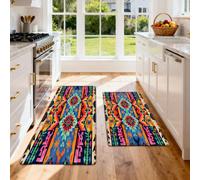 HNHDDZ Tapis de Sol Cuisine 2 Pièces, Motif Ethnique Multicolore Éclatant | Surface rembourrée et fond à points pour évier, cuisson ou passage