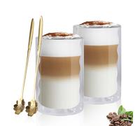 Hniuyun Lot de 2 tasses à café en verre transparent à double paroi, 400 ml avec cuillère, tasses en verre isotherme pour cappuccino, lait, thé, expresso, boissons chaudes