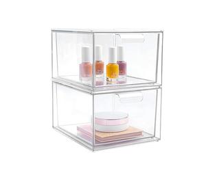 Hniuyun Lot de 2 tiroirs empilables pour maquillage - Boîte de rangement en acrylique transparent avec poignées pour salle de bain, comptoir de cuisine, sous-évier et garde-manger