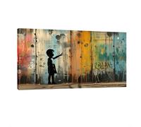 HNKDKJ Ballon Fille sur Planche de Bois rétro Banksy Toile Murale Art Moderne tendue encadrée gi pour Salon Chambre 80x170 cm/31x67 Pouces-Cadre intérieur