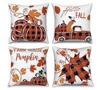 Hnmdmyi Housse de Coussin Automne 45x45 Set de 4, Buffalo Check Plaid Citrouille Camion Feuille d'érable Ferme Thanksgiving décorative taies d'oreiller en Lin Housse de Coussin pour canapé Home Decor