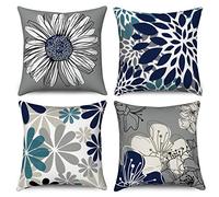 Hnmdmyi Housse de Coussin Bleu 40x40 Set de 4, Bleu Marine et Gris Fleurs décoratives taies d'oreiller Moderne Marguerite Ferme Boho Housse de Coussin en Lin pour canapé lit extérieur Home Decor