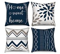 Hnmdmyi Housse de Coussin Bleu Marine 40x40 Set de 4, Sweet Home Fleurs Boho Géométriques Décoratives, Ferme Moderne Lin pour Canapé Lit Extérieur, Home Decor