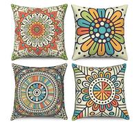 Hnmdmyi Housse de Coussin Boho 40x40 Set de 4, rétro Mandala coloré Floral bohème décoratif Housses de Coussin Hippie Art esthétique Housse de Coussin en Lin pour canapé lit extérieur Home Decor