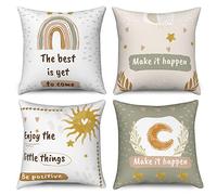 Hnmdmyi Housse de Coussin Boho 45x45 Set de 4, Abstraite Esthétique Soleil Lune Arc-en-Ciel Décoratif Enfants Taie d'oreiller Minimaliste Moderne Housse de Coussin en Lin pour canapé Home Decor