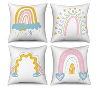 Hnmdmyi Housse de Coussin Boho Arc-en-Ciel 40x40 Set de 4, Bohème Bébé Chambre d'enfant Inspirant Arc-en-Ciel Taie d'oreiller décorative Lin Housse de Coussin pour Canapé Lit Extérieur Home Decor