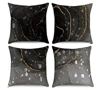 Hnmdmyi Housse de Coussin Marbre 40x40 Set de 4, Noir Gris Or Abstrait Marbre Texture Encre Décorative Taie d'oreiller Aquarelle Art Moderne Housse de Coussin en Lin pour canapé Extérieur Home Decor
