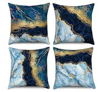 Hnmdmyi Housse de Coussin Marbre 50x50 Set de 4, Bleu Marine et Or Abstrait Marbre Texture décorative Housses de Coussin Moderne Luxe Art Housse de Coussin en Lin pour canapé lit Jardin Home Decor