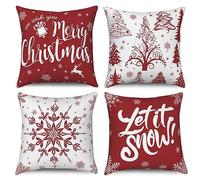 Hnmdmyi Housse de Coussin Noël 40x40 Set de 4, Joyeux Noël Arbre Flocon de Neige Ferme Hiver Vacances Décoratif Housses de Coussins Lin Rouge Housse de Coussin pour Canapé Jardin Extérieur Home Decor