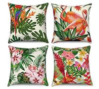Hnmdmyi Housse de Coussin Tropical 50x50 Set de 4, Feuilles de Palmier Vert Colorful Flamingo Birds Motif Décoratif Housses de Coussin en Lin Housse de Coussin pour canapé Jardin extérieur Home Decor