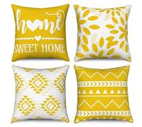 Hnmdmyi Housses de Coussin Jaune et Blanc 50x50 Set de 4, Boho Housses de Coussin Sweet Home Ferme Moderne géométrique Neutre décoratif Housse de Coussin en Lin pour canapé lit extérieur Home Decor