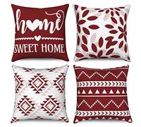 Hnmdmyi Housses de Coussin Rouge et Blanc 40x40 Set de 4, Boho Housses de Coussin Sweet Home Ferme Moderne géométrique Neutre décoratif Housse de Coussin en Lin pour canapé lit extérieur Home Decor