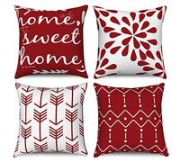 Hnmdmyi Housses de Coussin Rouge et Blanc 45x45 Set de 4, Boho Housses de Coussin Home Sweet Home Modernes Motifs Géométriques Neutres Housse de Coussin en Lin décoratif pour canapé lit Home Decor