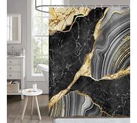 Hnmdmyi Rideau de douche, aspect marbré, 180 x 200 cm, noir et doré, pailleté, abstrait, texture d'encre, art moderne, luxueux, imperméable, tissu polyester, lavable, rideau de bain
