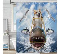 Hnmdmyi Rideau de Douche Drôle 180x200, Chien Cooler Cavalier Requin Rideau de Douche Océan Vagues Mouette Poisson Bleu Mignon Enfants Garçons Rideau de Baignoire Imperméable Tissu Rideau de Bain