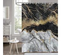 Hnmdmyi Rideau de Douche Marbre Noir 180x200cm,Gris Or Scintillant Abstrait Déchirure Encre Texture Moderne Luxe Art Rideau de Baignoire Étanche Polyester Tissu Lavable Rideau de Bain HNM-163