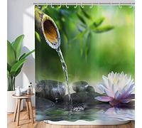 Hnmdmyi Rideau de Douche Zen Jardin 150x180, Spa Bambou Vert Pierre Noire Fleur Blanche, Baignoire Méditation Japonaise Détente, Tissu Étanche Lavable avec Crochets