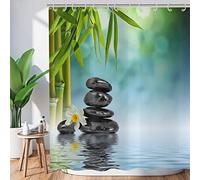 Hnmdmyi Rideau de Douche Zen Jardin 165x180, Spa Bambou Vert Pierre Noire Fleur Blanche Rideau de Baignoire Méditation Japonaise Détente Tissu étanche Lavable Rideau de Bain avec Crochets
