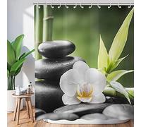 Hnmdmyi Rideau de Douche Zen Jardin 180x220, Spa Bambou Vert Pierre Noire Fleur Blanche, Baignoire Méditation Japonaise Détente, Tissu Étanche Lavable avec Crochets